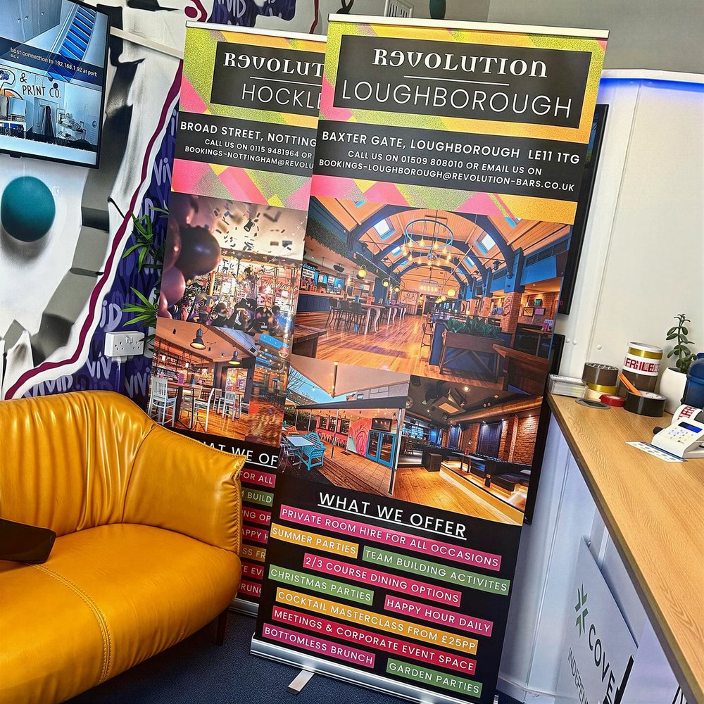 Pair of custom roller banners printed by Vivid Design & Print Co in Stafford