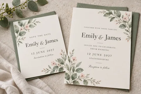 Illustrative floral wedding invitation and save-the-date cards with sage green envelopes