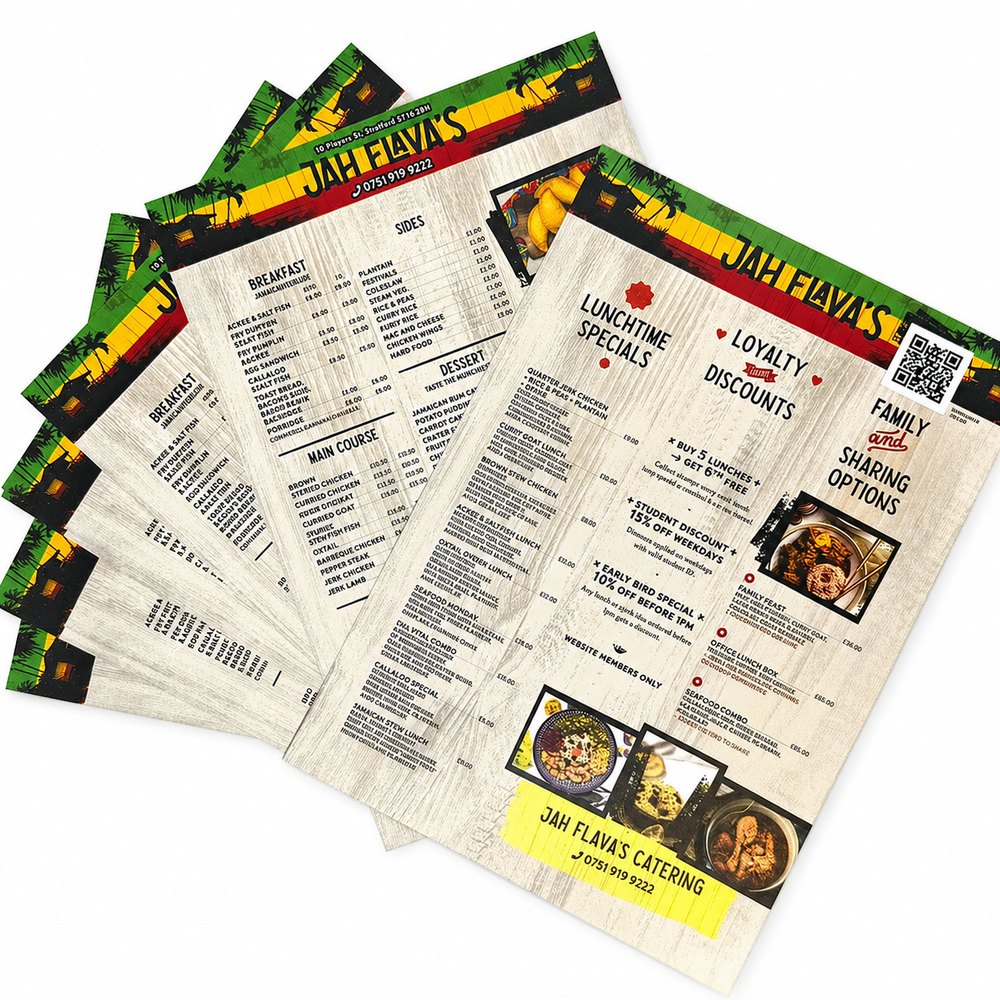 Restaurant menus printed by Vivid Design & Print Co in Stafford