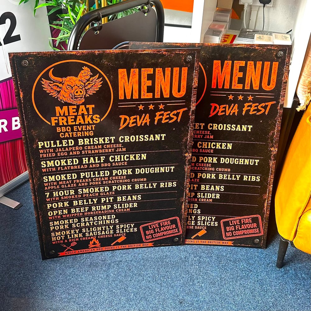 Rigid printed menu boards for event catering produced by Vivid Design & Print Co in Stafford