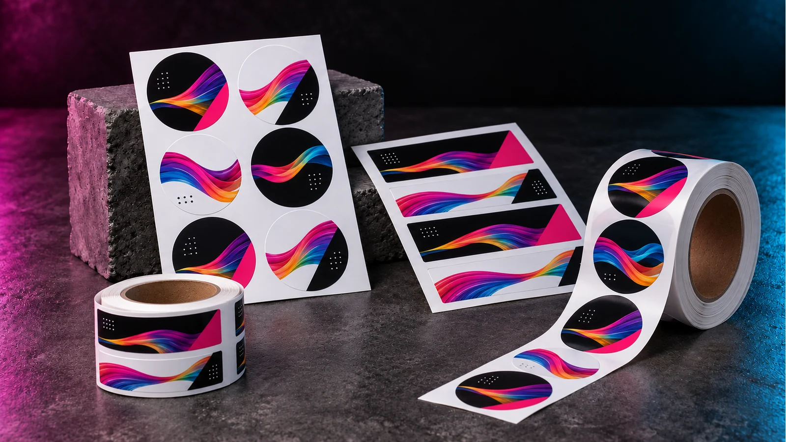 Sticker sheets and rolls with round and rectangular sample labels