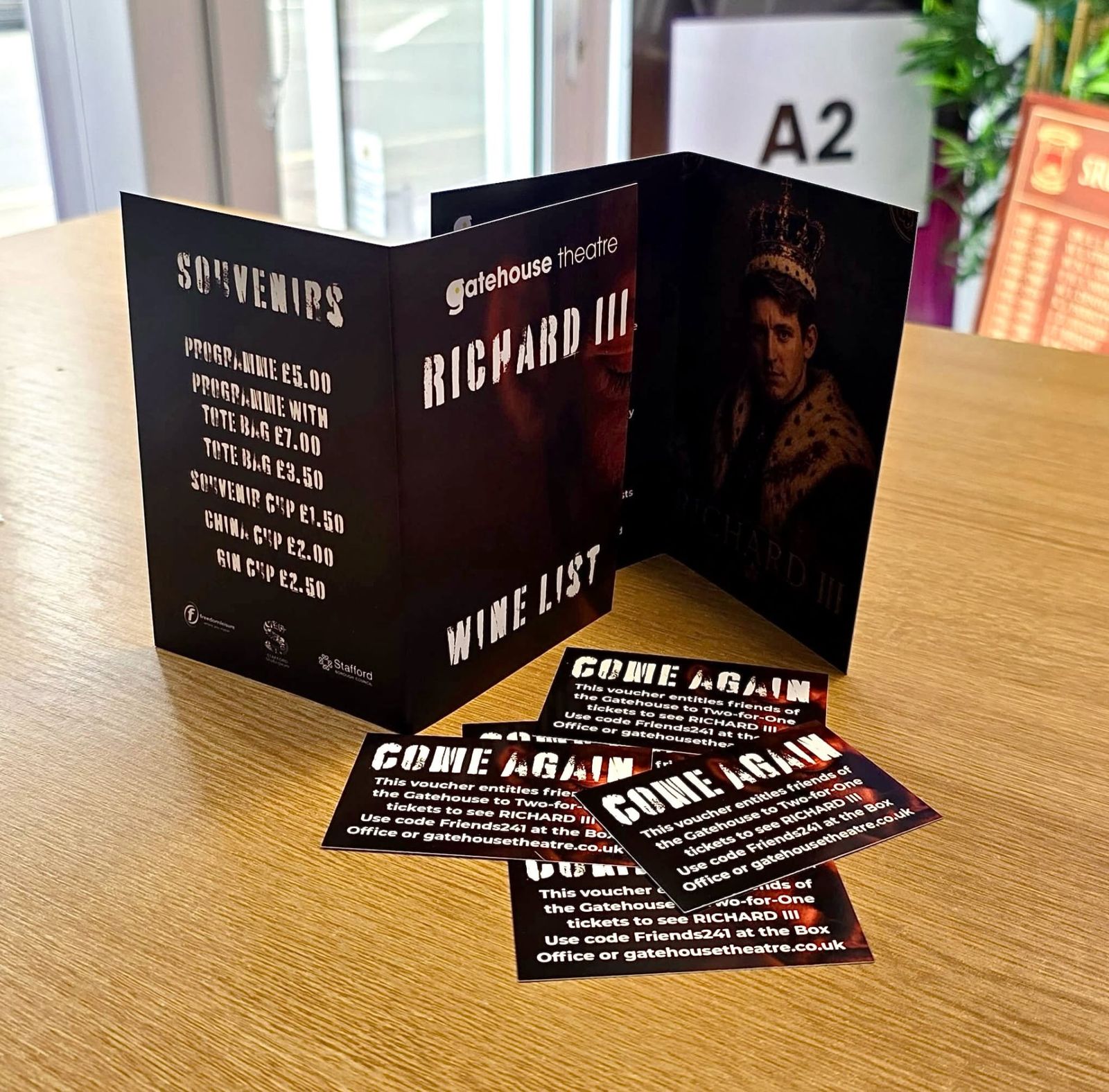 Printed Richard III theatre programmes and promotional vouchers for Gatehouse Theatre in Stafford