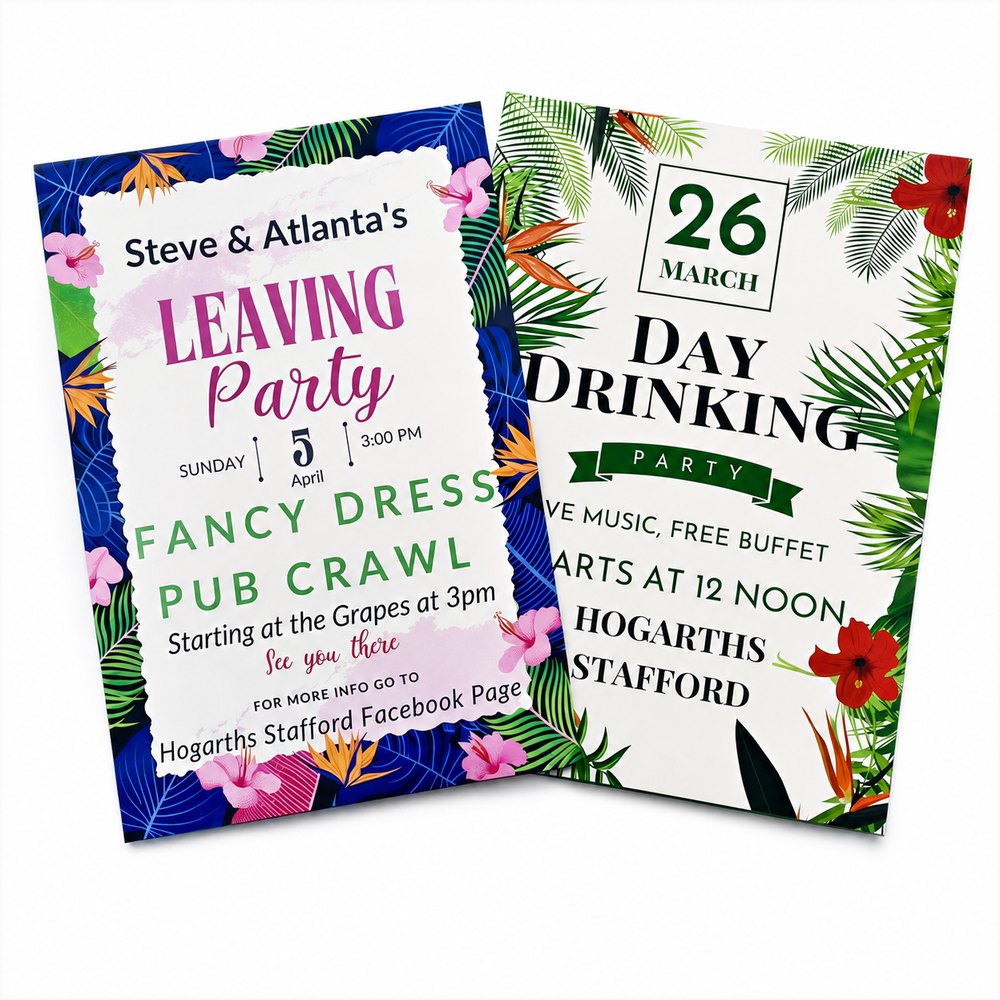 Colourful event flyers printed by Vivid Design & Print Co in Stafford