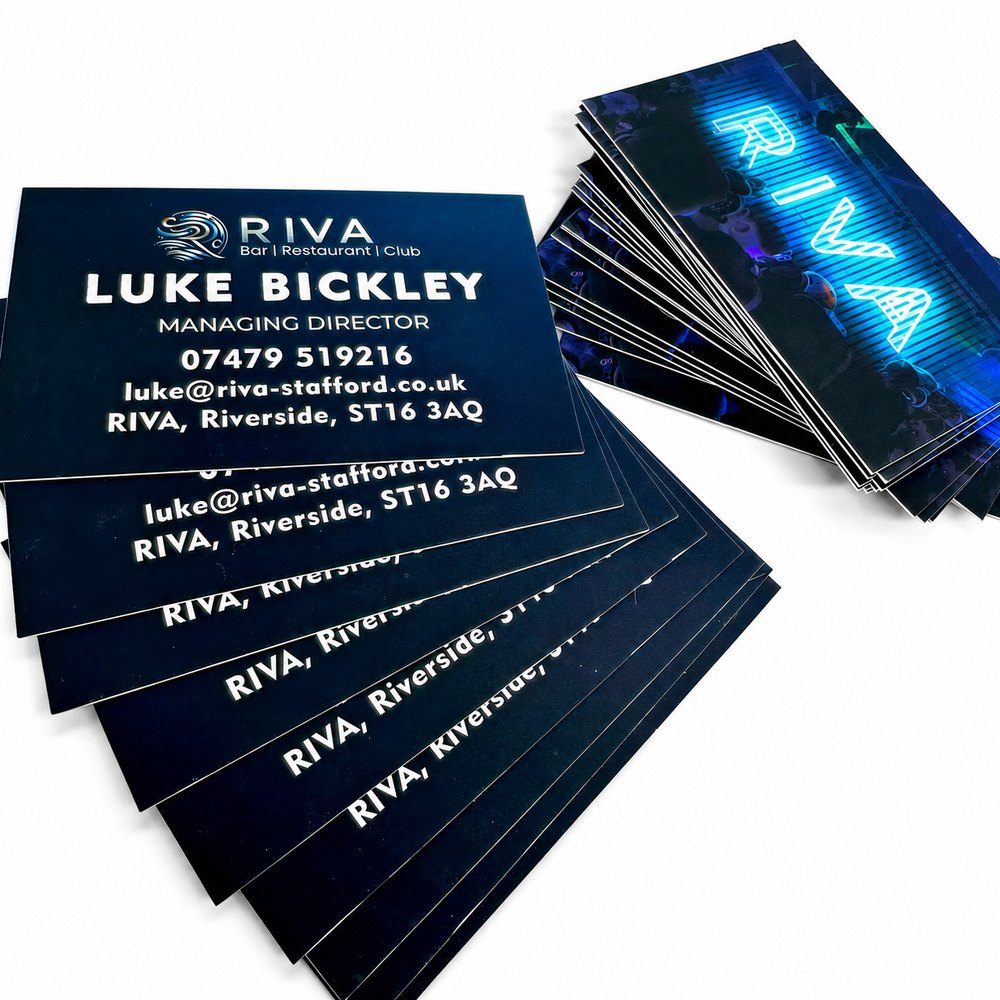 Dark blue RIVA business cards printed by Vivid Design & Print Co in Stafford