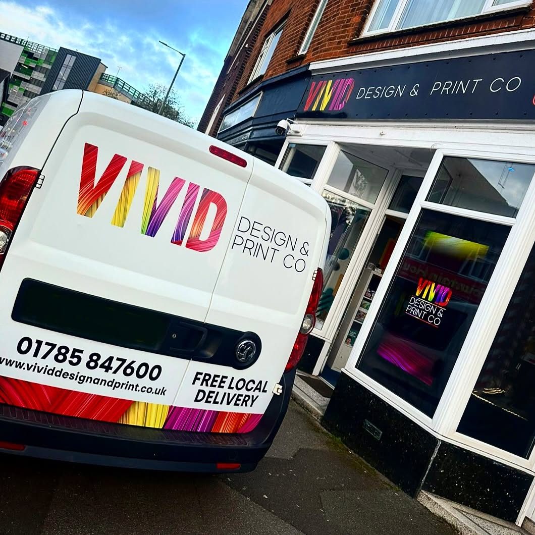 The Vivid Design & Print Co van parked outside the Stafford town centre print shop