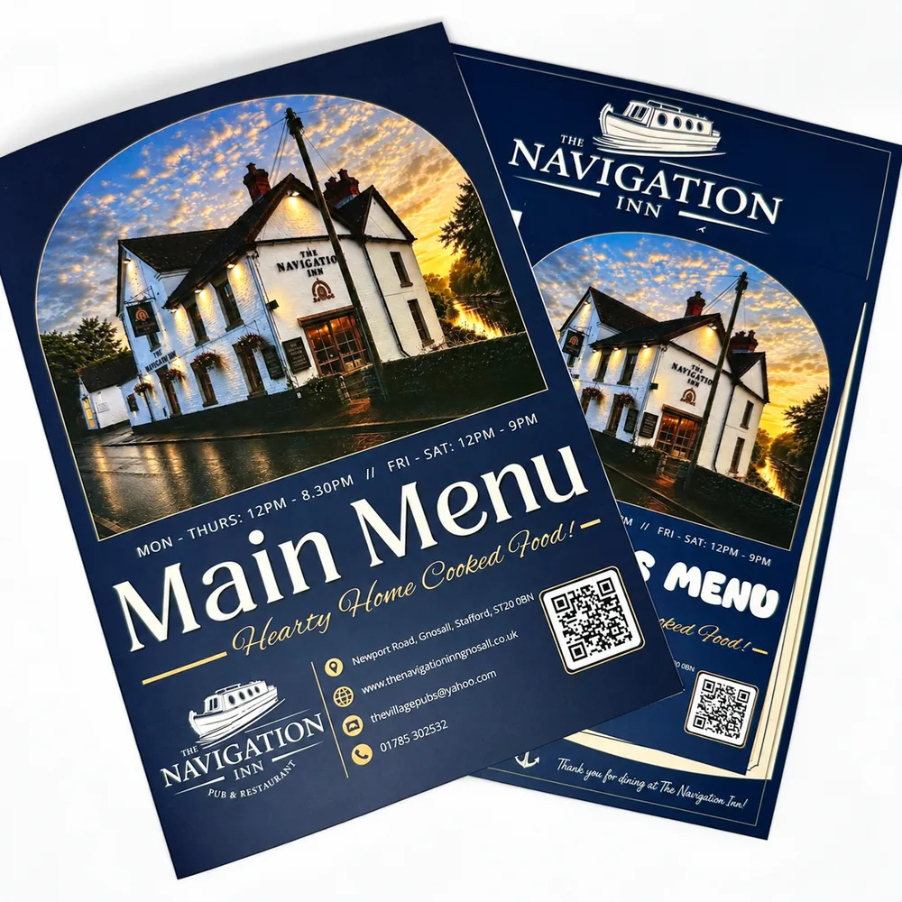 Navy printed menu booklets for The Navigation Inn