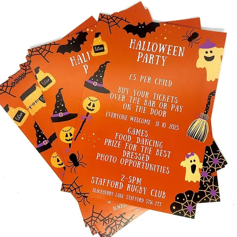 Orange Halloween party flyers with bats, ghosts and pumpkins