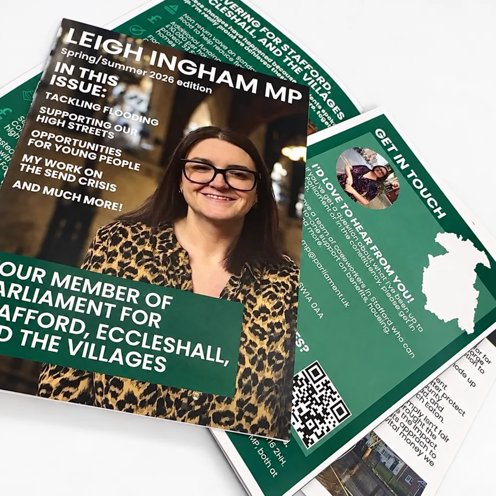 Printed Stafford community publication with green cover and inside pages