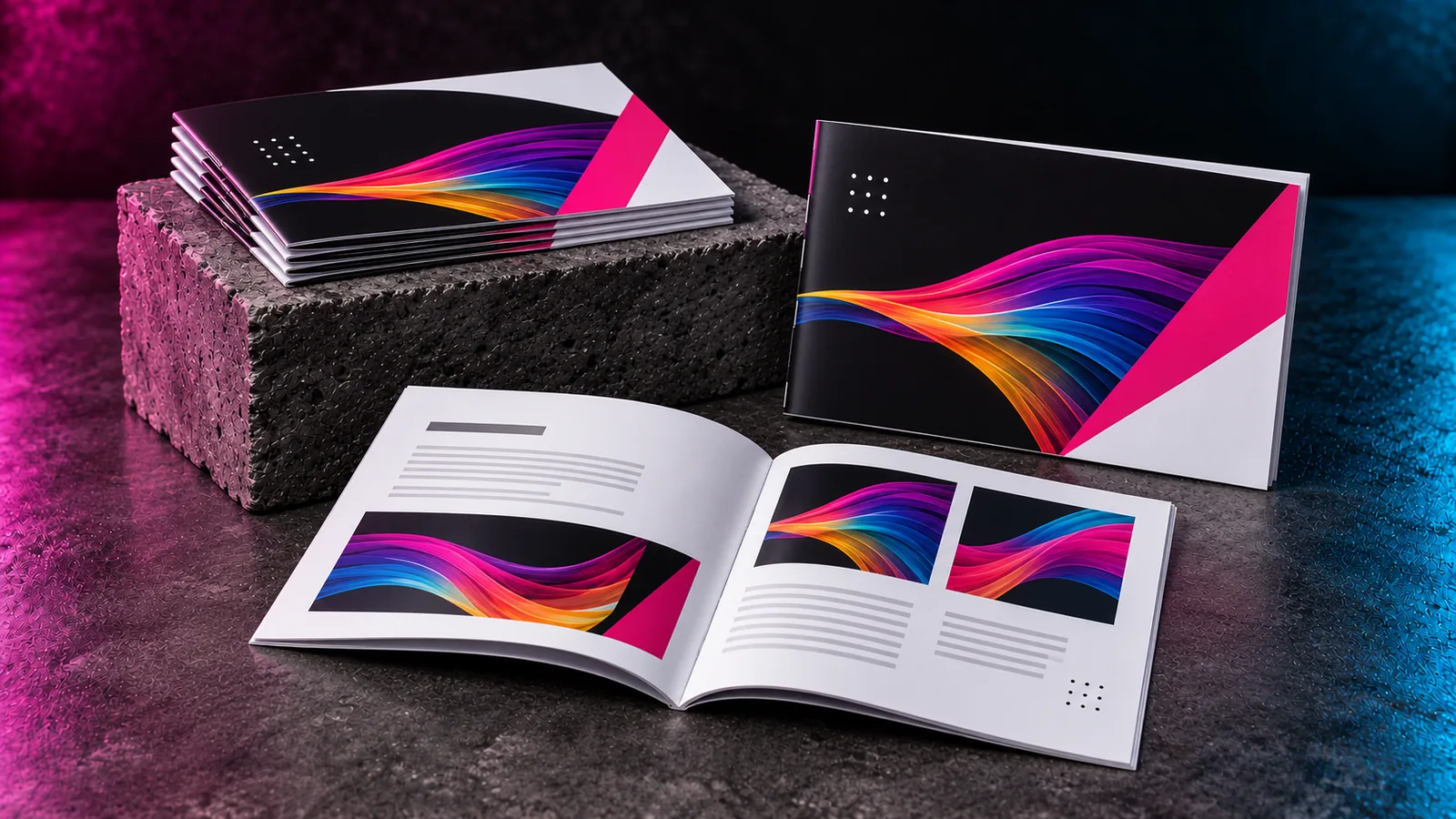 Stacked printed booklets with an open brochure showing inside page layouts