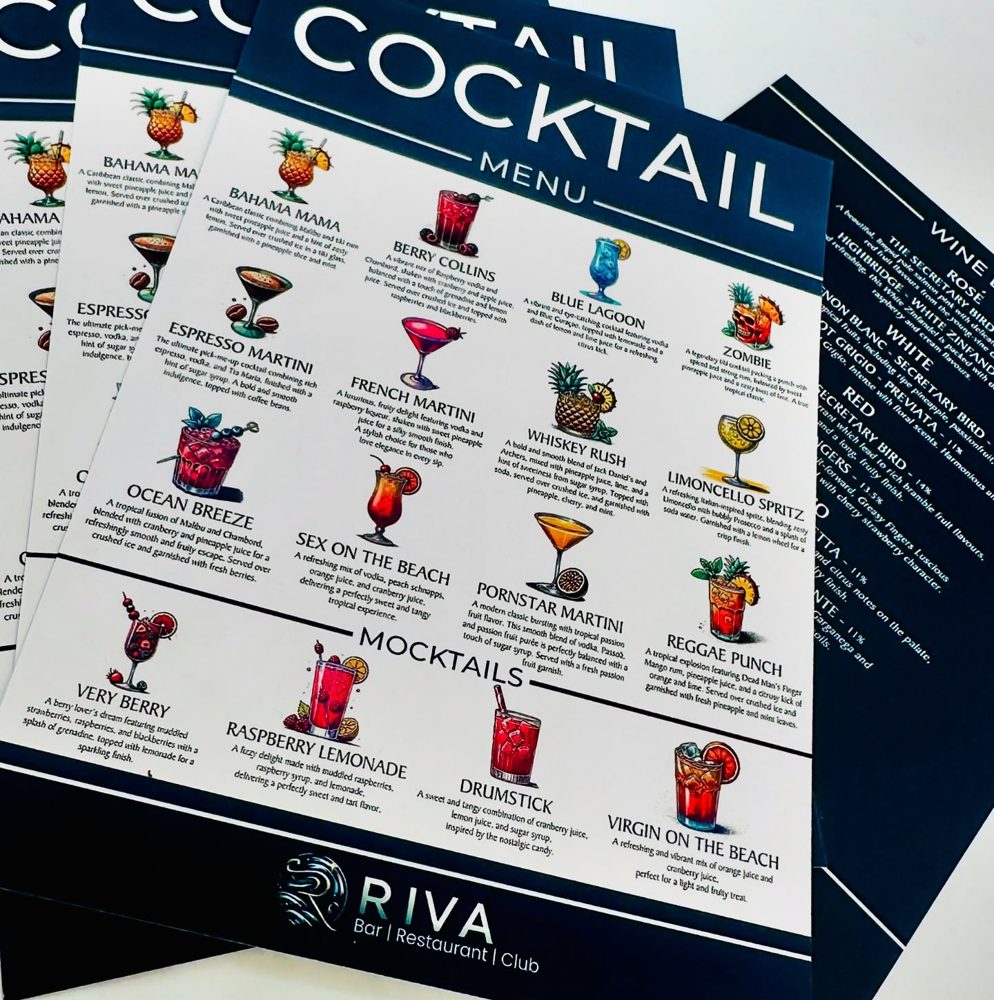 Cocktail menu designed and printed by Vivid Design & Print Co in Stafford